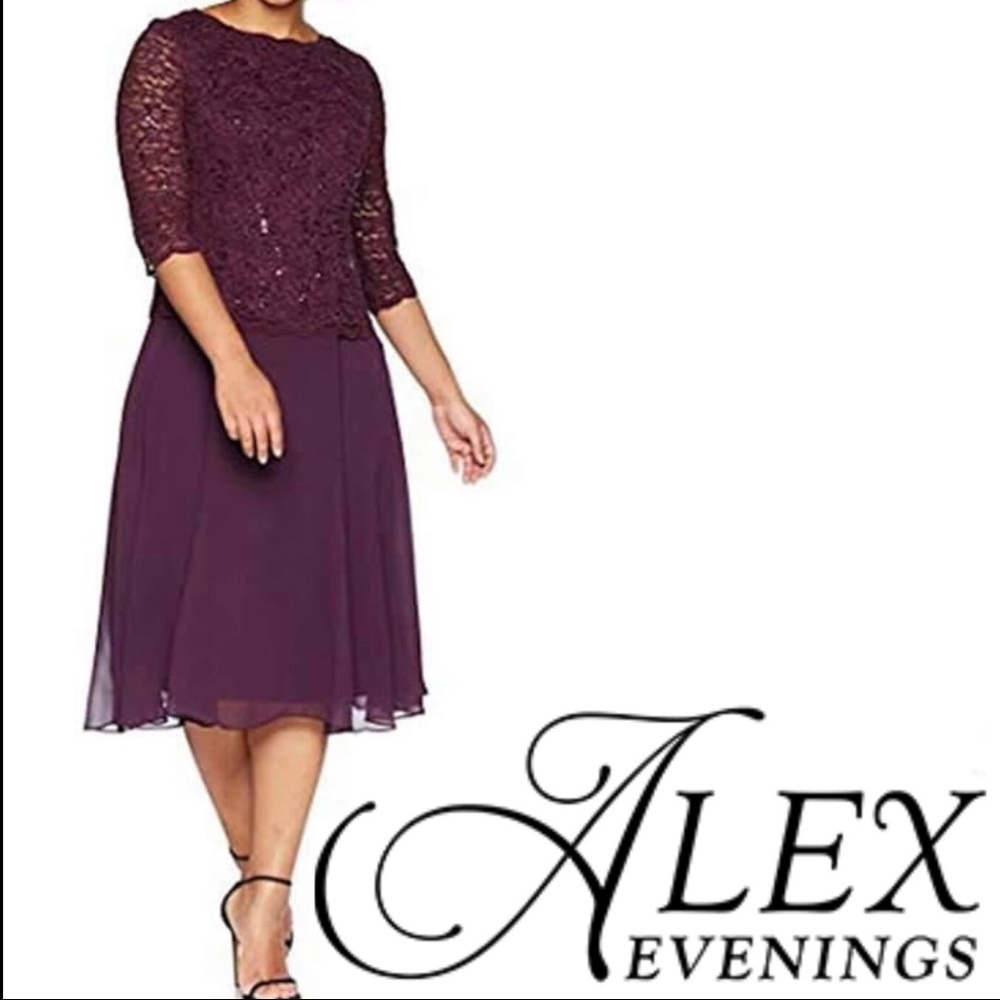 Alex Evenings Plum Lace Bodice Chiffon Skirt Cocktail Dress